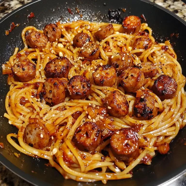Sticky Honey Garlic Sausage Pasta Skillet