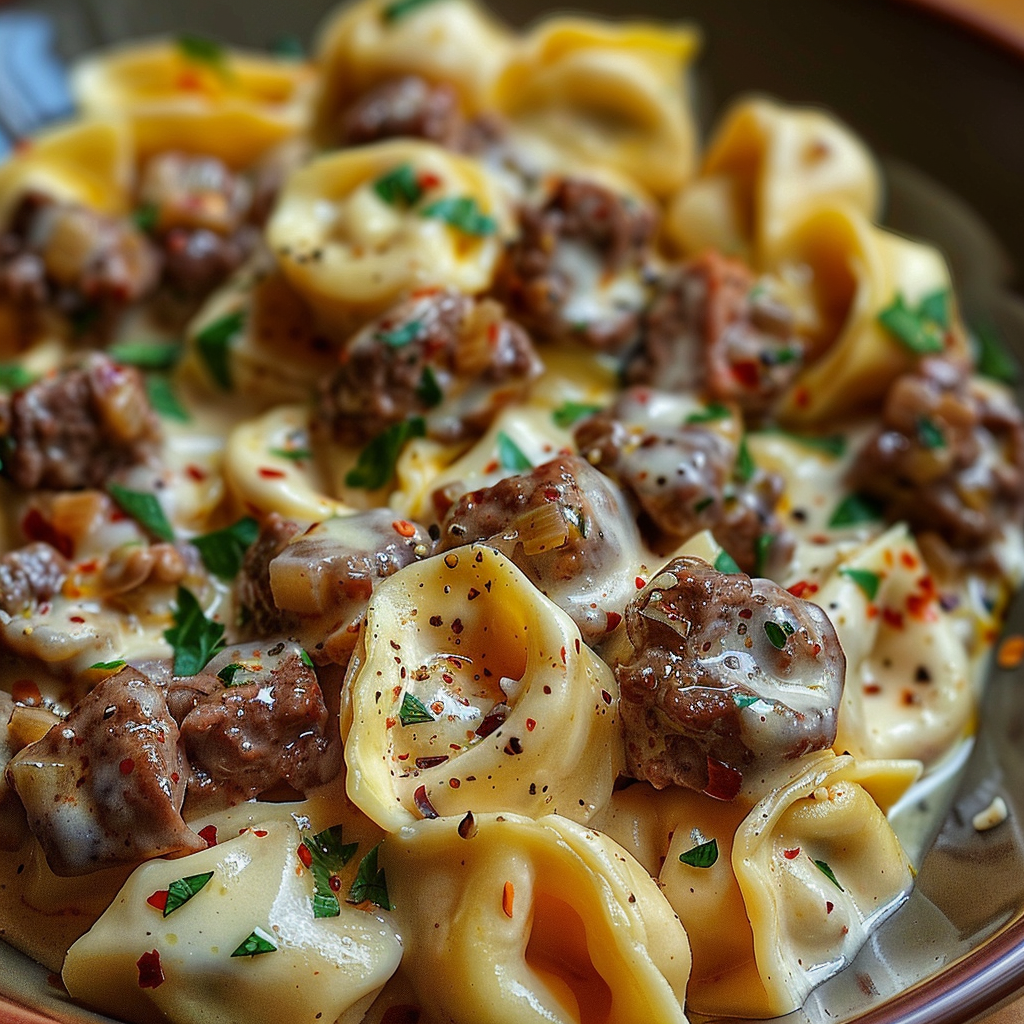 Cheesesteak Tortellini in Rich Provolone Sauce