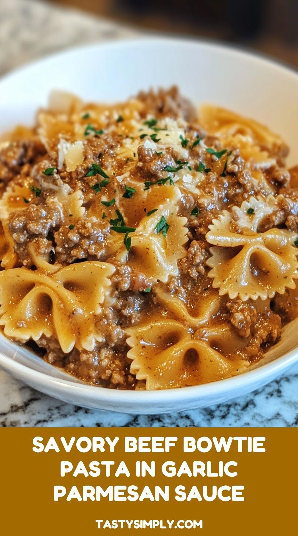 Savory Beef Bowtie Pasta in Garlic Parmesan Sauce