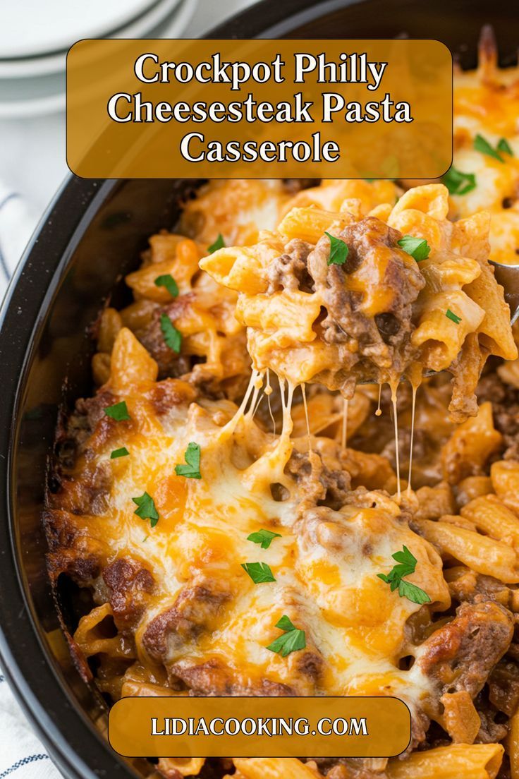 Crockpot Philly Cheesesteak Pasta Casserole