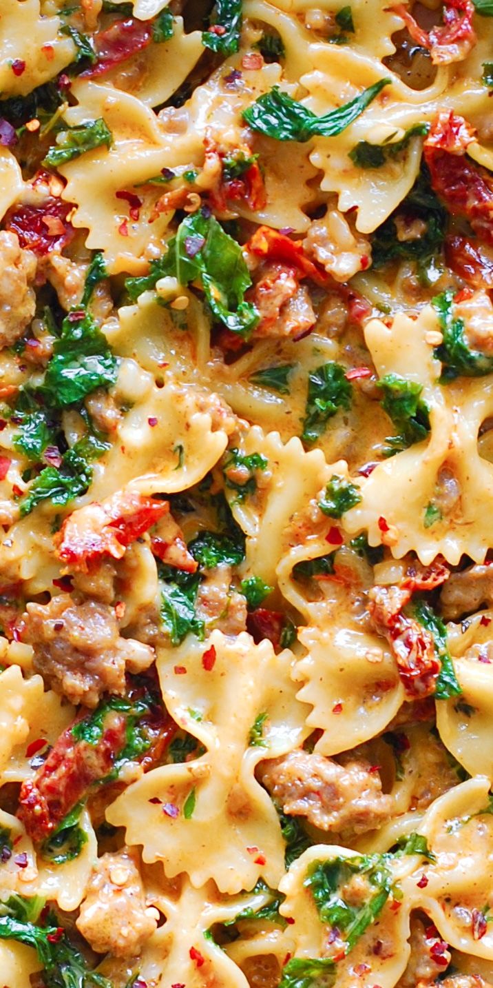 Italian Sausage and Kale Pasta with Sun-Dried Tomatoes, Garlic, and Parmesan.
