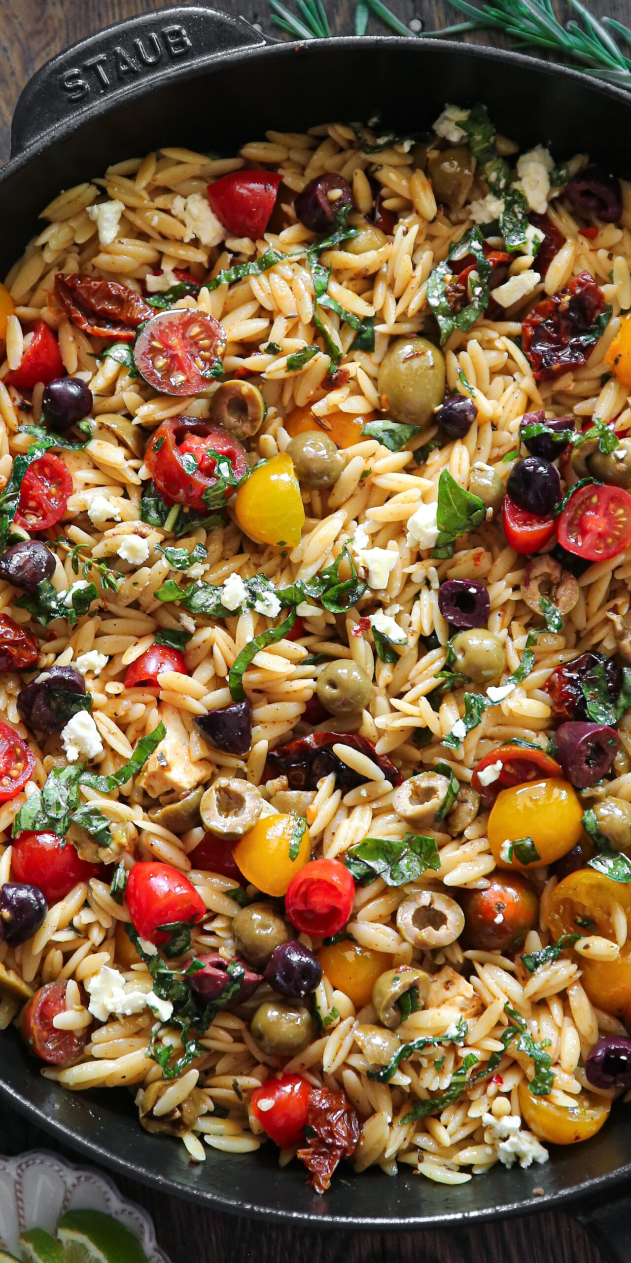 Greek Orzo with Tomatoes, Olives, Basil, and Feta.