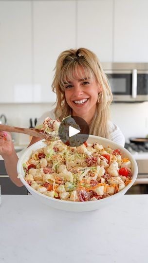 5.1K views · 13K reactions | BLT Ranch pasta salad with a side of 💃 cuz it's so good it will make you dance  2/3 c greek yogurt 1/3 c mayo 1/2 lb pasta 4 stips cooked chopped bacon 1/2 c halved cherry tomatoes 1/2 c shredded cheddar cheese 2/3 c shredded lettuce ranch seasoning Cook pasta and drain and rinse with cold water and drizzle with olive oil so noodles dont stick together. Mix greek yogurt with mayo and ranch seasoning. Add in pasta and toss until well combined and then add in the remaining ingredients and mix again.  #CHEATDAYEATS #PASTA | Jessica Hirsch