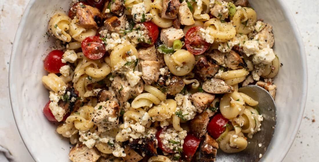Grilled Chicken Pasta Salad with Gorgonzola Vinaigrette.