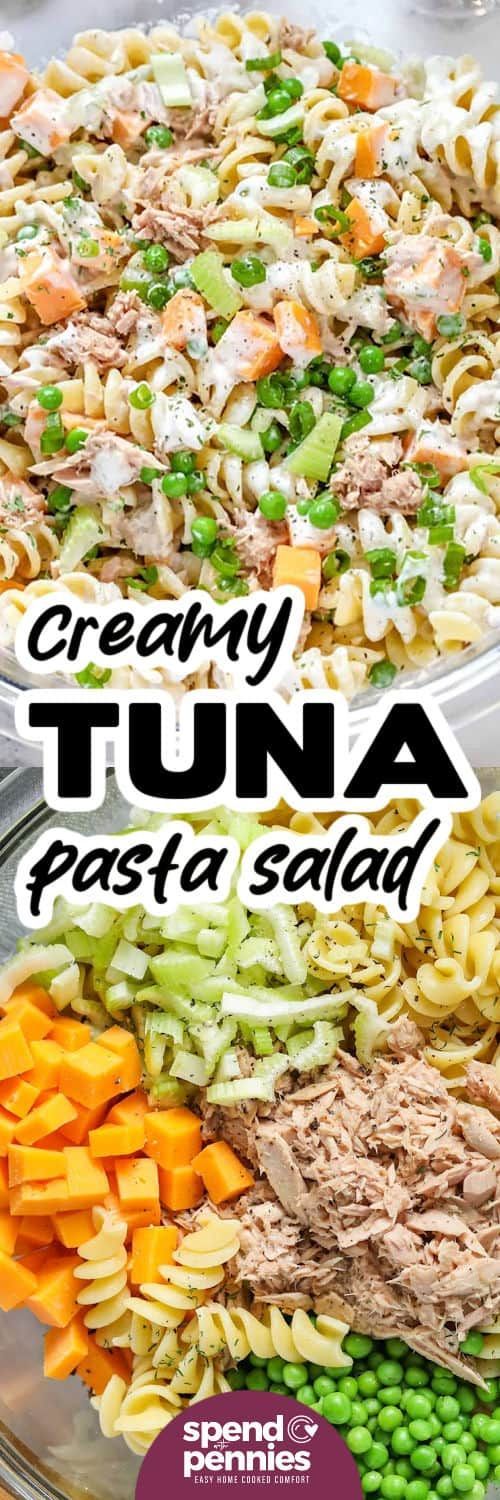 This easy tuna pasta salad, with cheese, peas and a creamy dill dressing, makes a quick meal.
