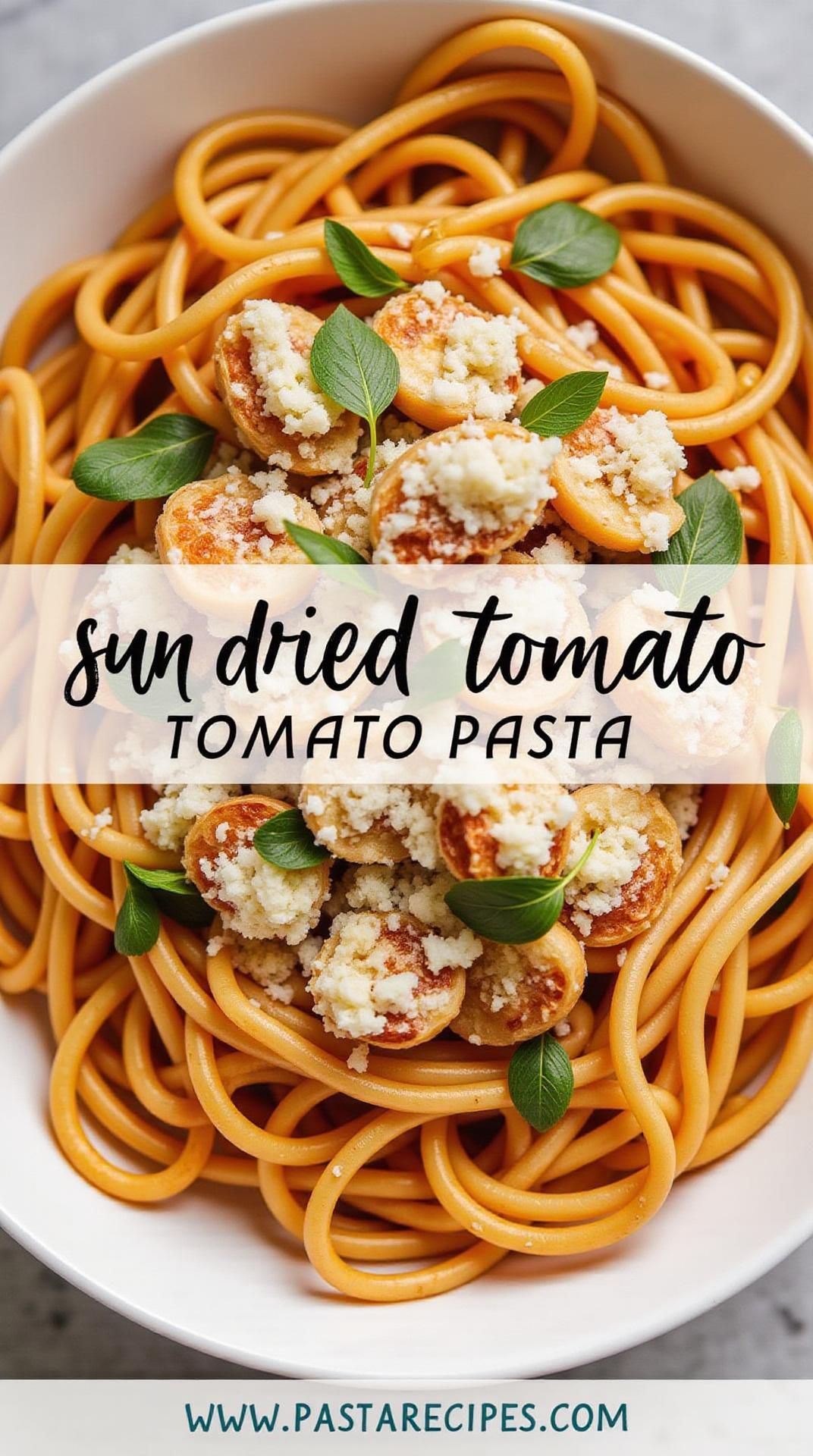 Sun-dried tomato pasta topped with fresh basil and parmesan.