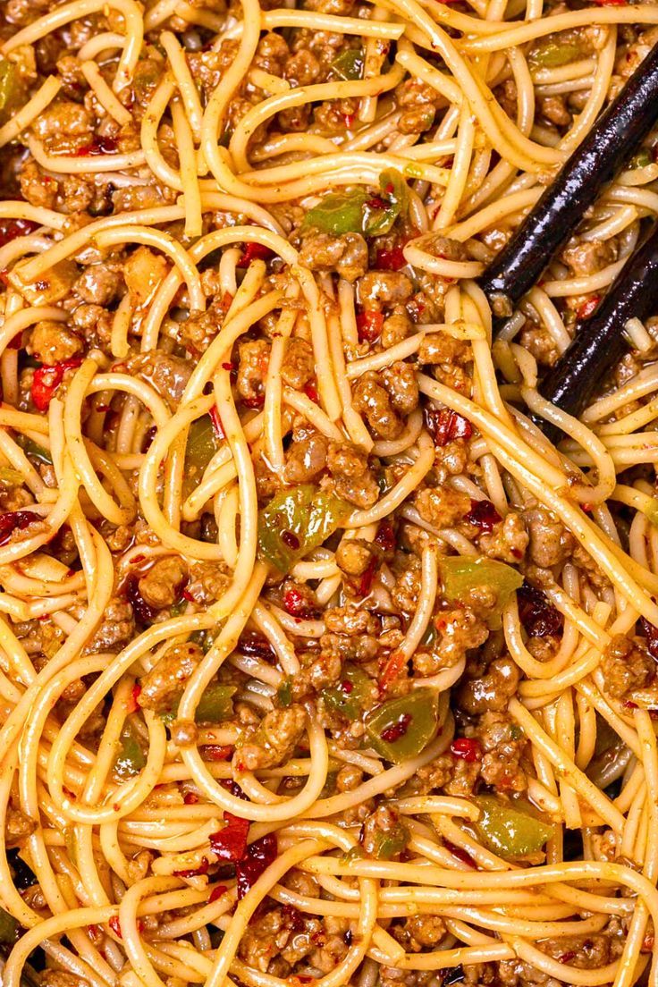 Chinese style ground beef spaghetti