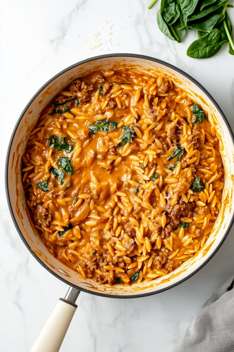 Hearty Ground Beef Orzo with Tomato Cream Sauce