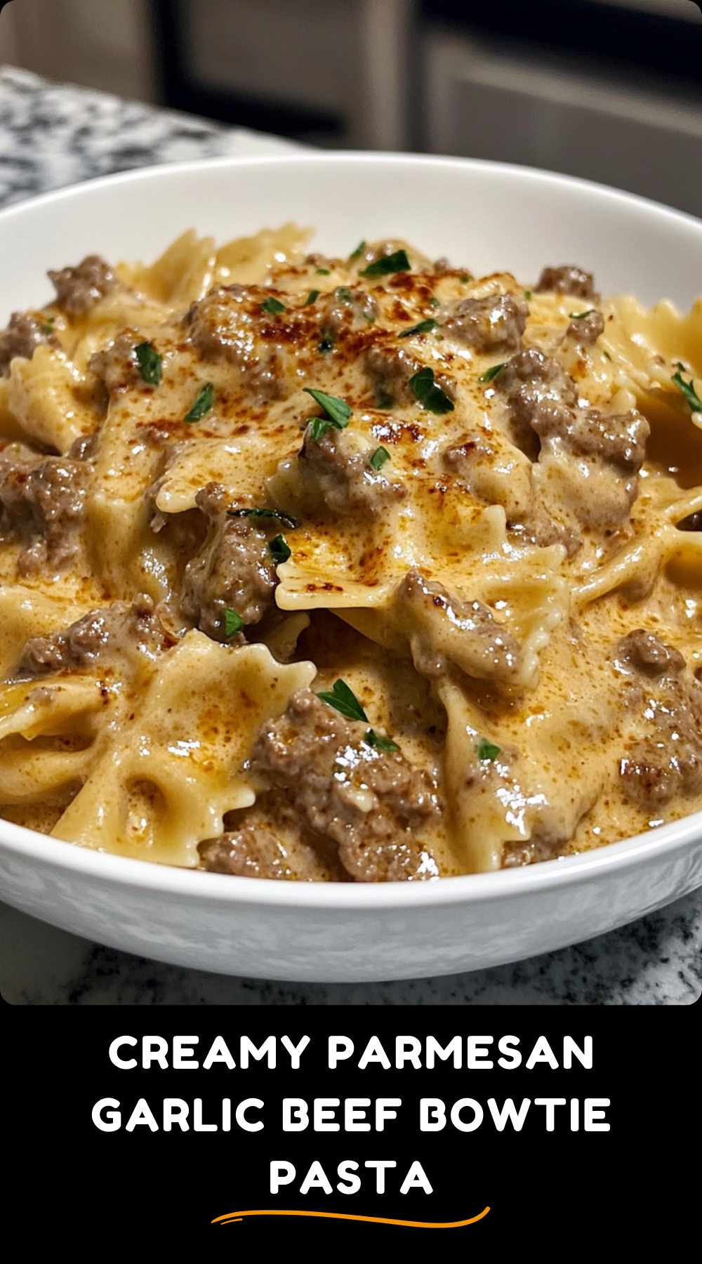 Creamy Parmesan Garlic Beef Bowtie Pasta