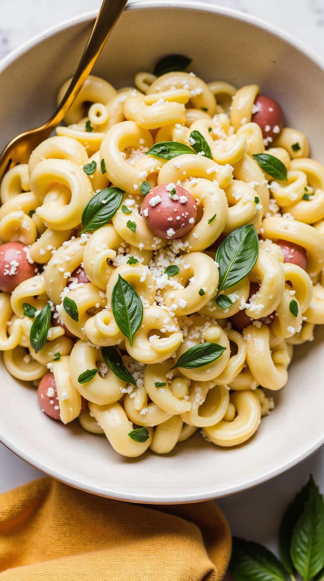 A person enjoying a bowl of Caesar pasta salad.